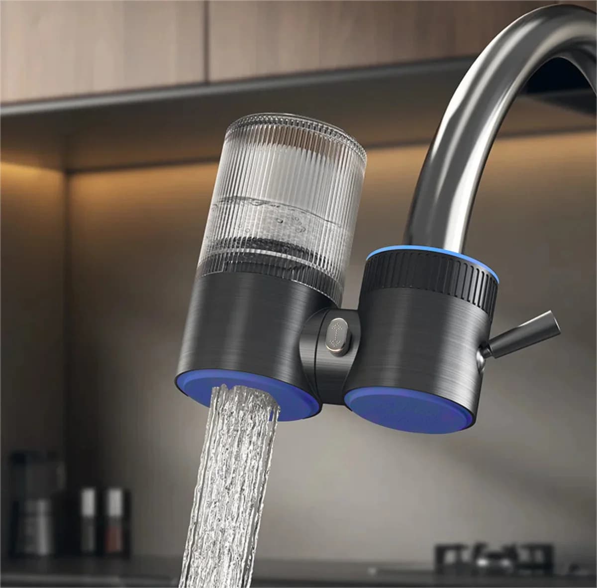OmiFilter fitted to a kitchen tap with water running